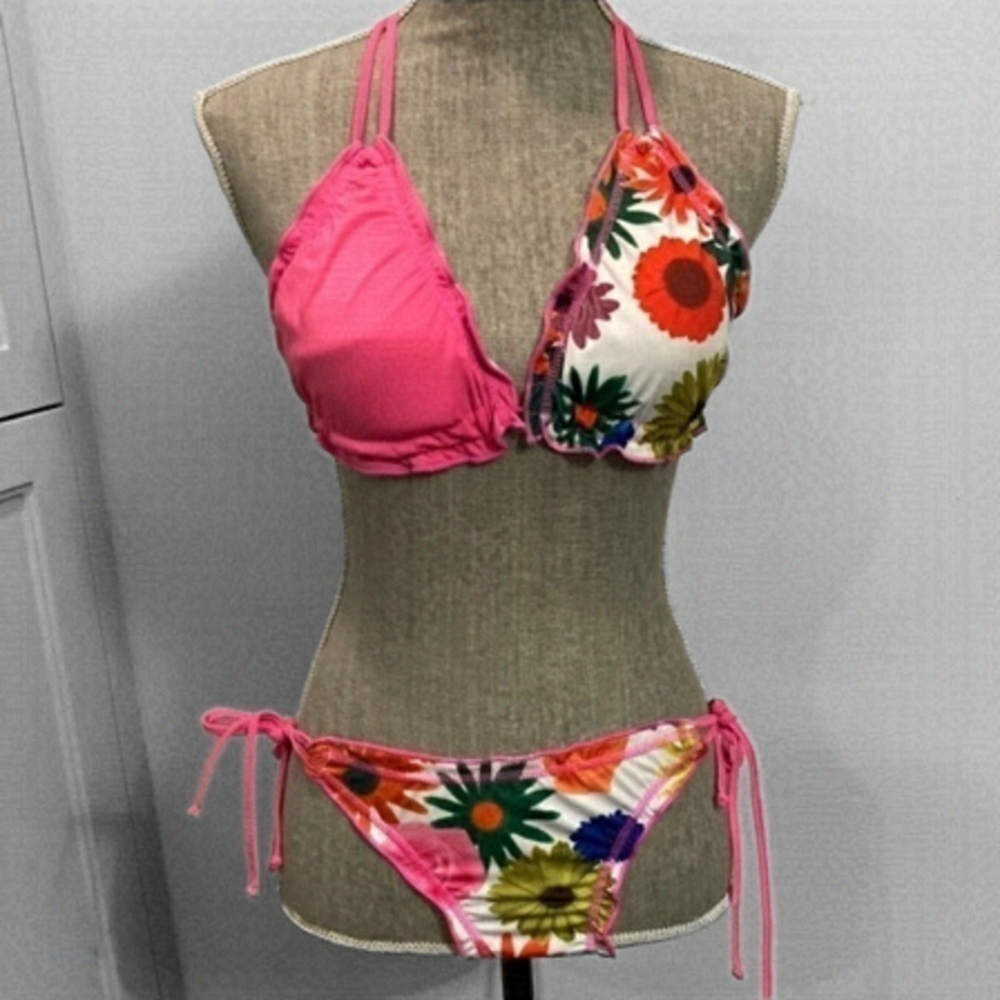 FLORAL and Pink Ruffle Bikini with padded Triangle Bra Small